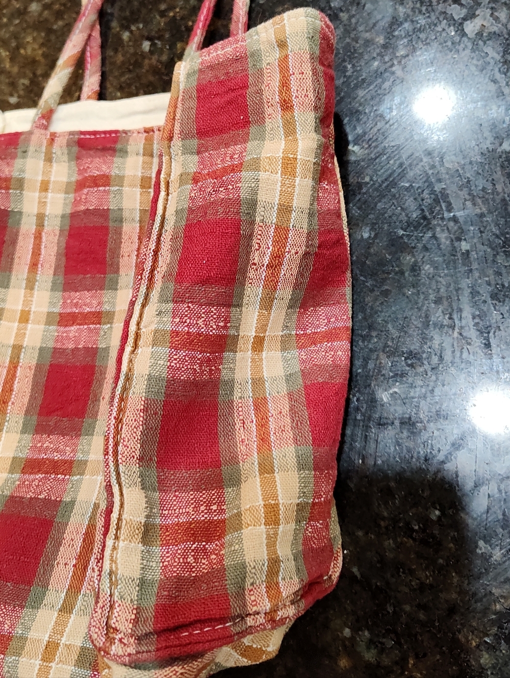 Longaberger Plaid Tote with Embroidered Apple Basket - Red, Brown & Cream - Picture 6 of 10